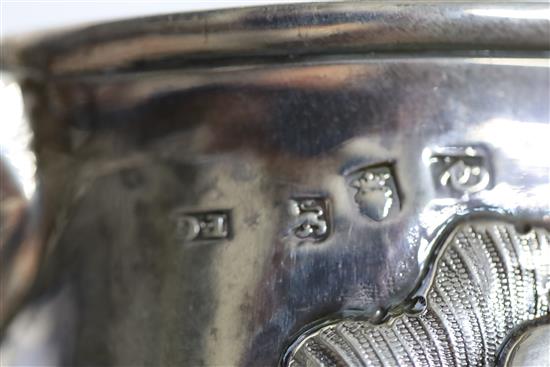 A George III large silver mug, later embossed with sheep grazing in a field with engraved inscription, Francis Crump 19 oz.